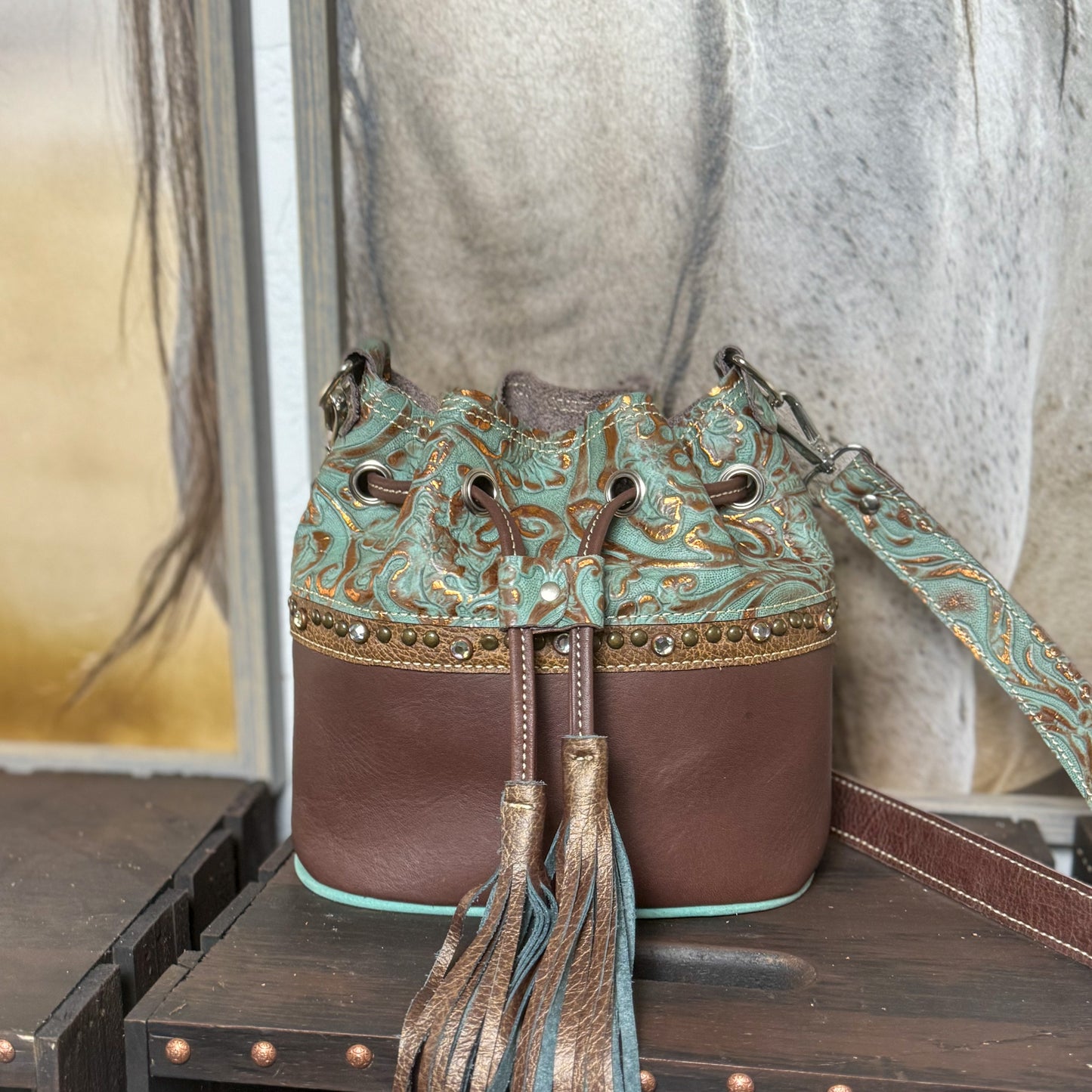 Mini Bucket Bag in Turquoise and Brown w/Organizer