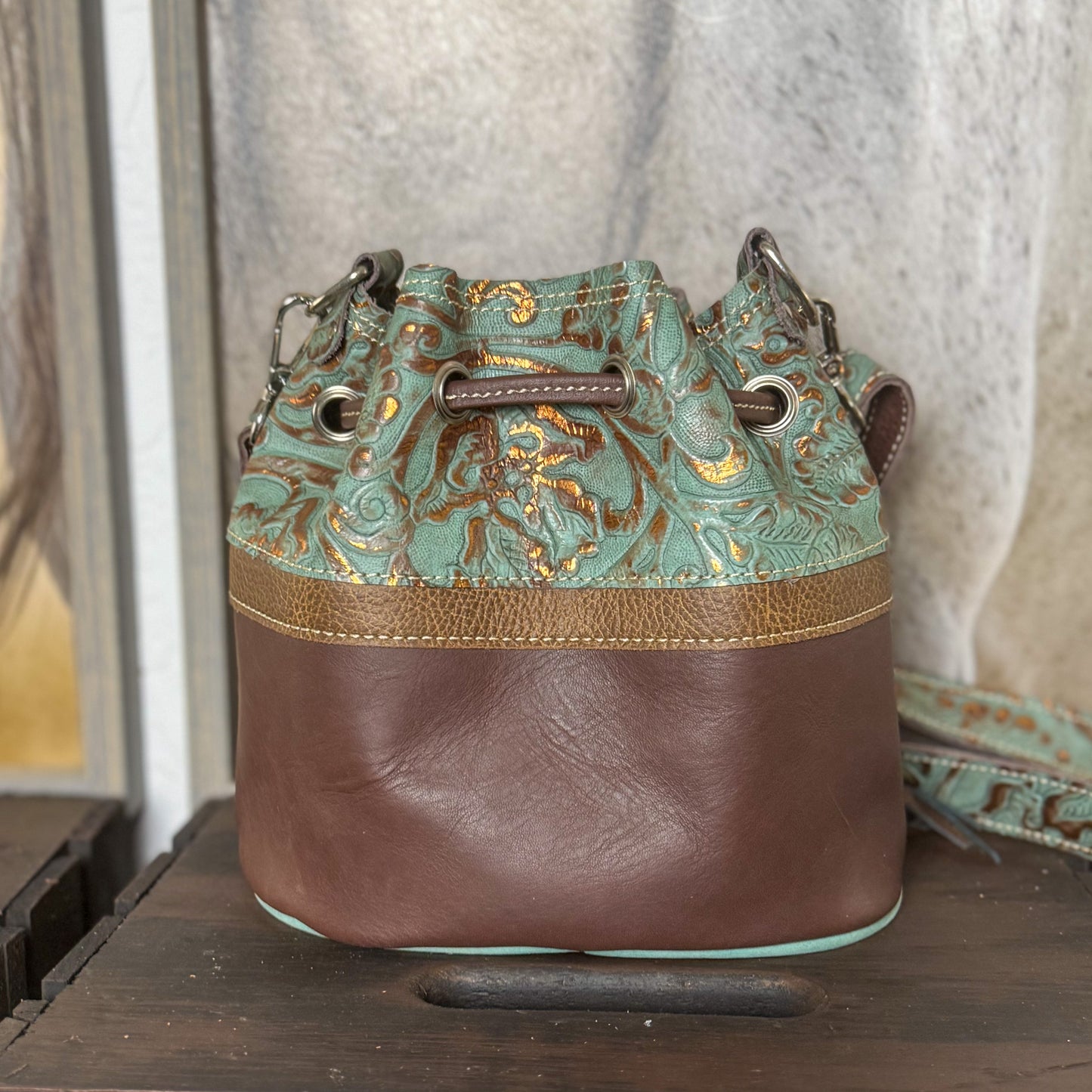 Mini Bucket Bag in Turquoise and Brown w/Organizer