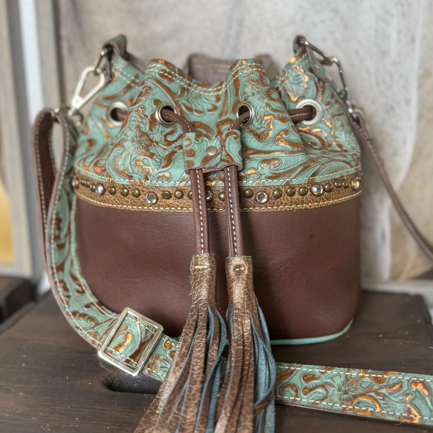 Mini Bucket Bag in Turquoise and Brown w/Organizer