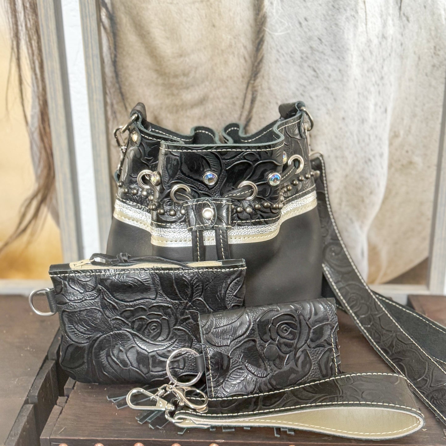 Mini Bucket Bag in Black and Silver w/Card Wallet and Organizer