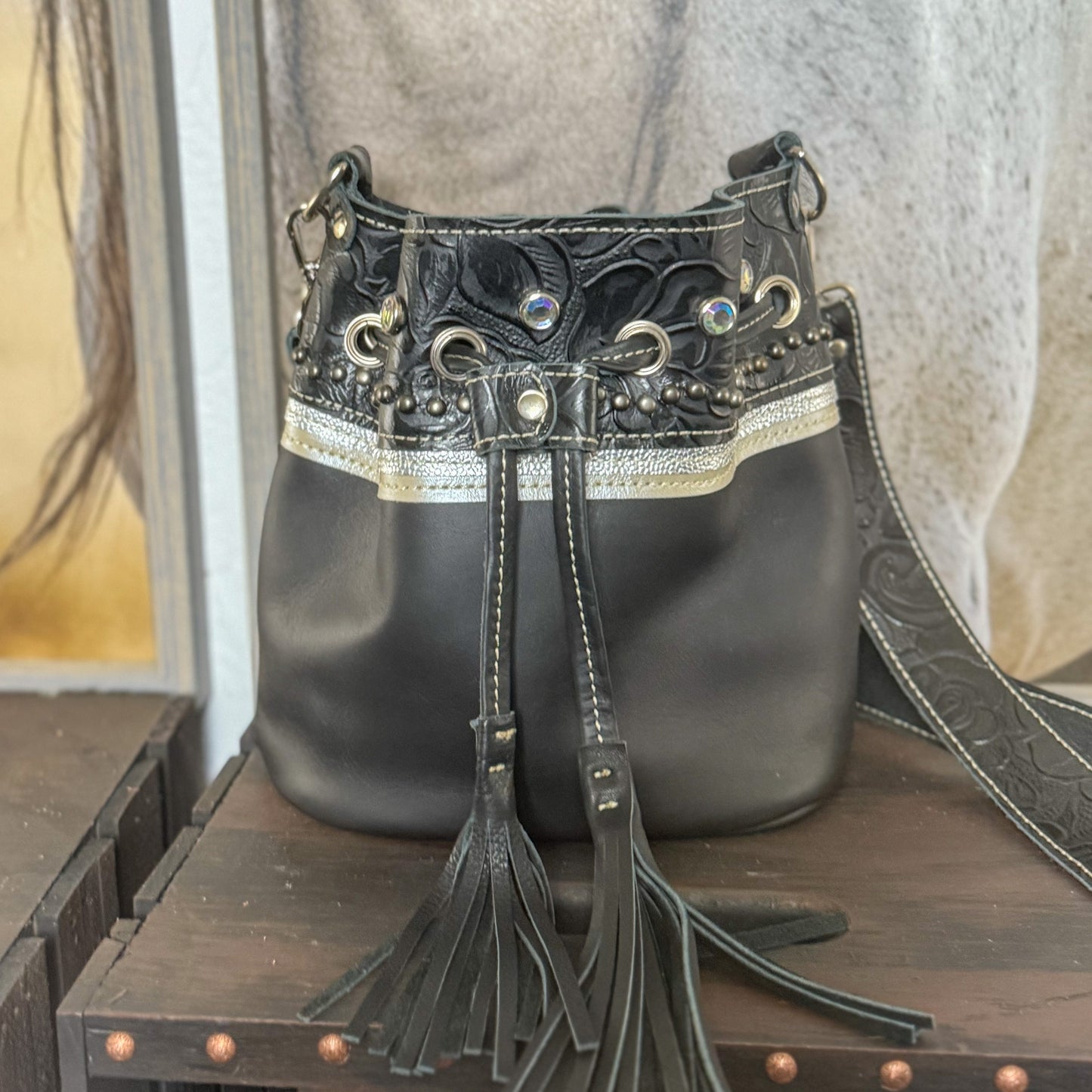 Mini Bucket Bag in Black and Silver w/Card Wallet and Organizer