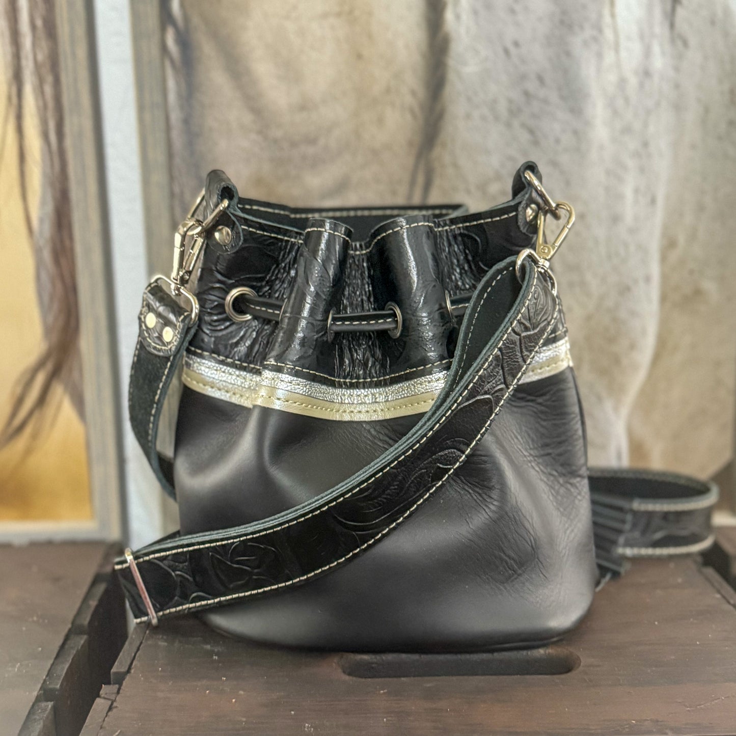 Mini Bucket Bag in Black and Silver w/Card Wallet and Organizer