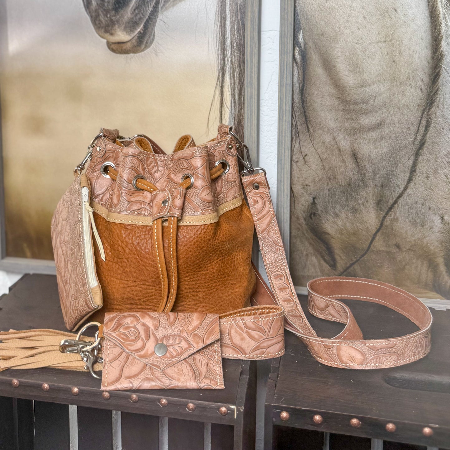 Mini Bucket Bag in Rustic Pink Rose w/Accessories