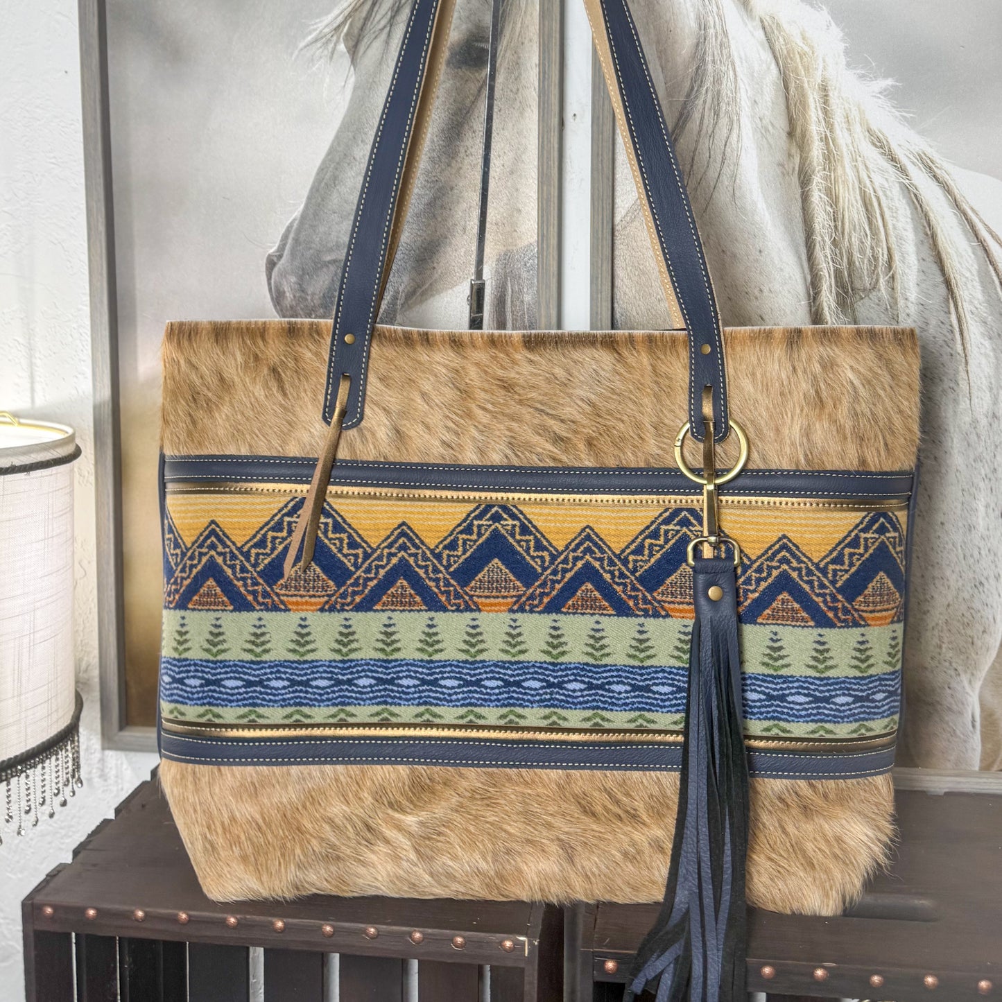 Big Bertha Oversized Tote Set in Blond Hair on Hide/Wool and Navy Accents