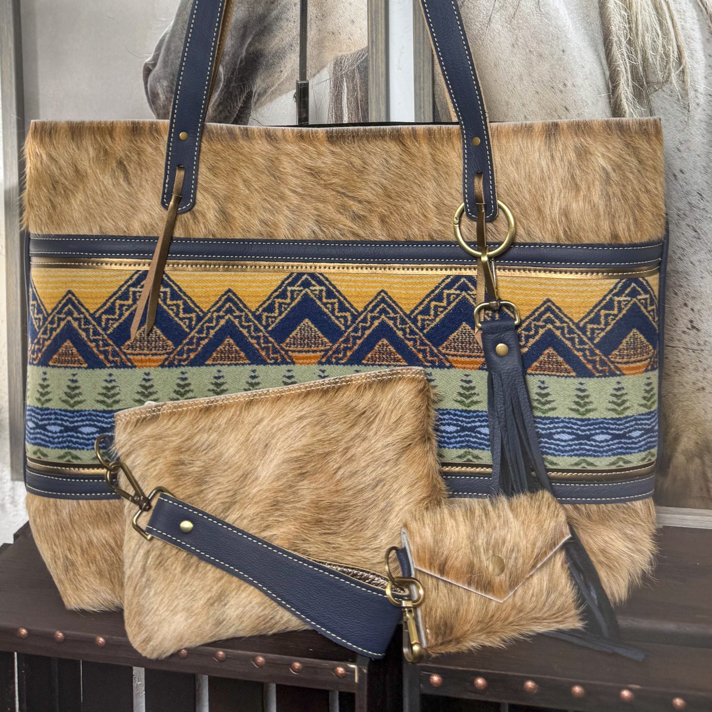Big Bertha Oversized Tote Set in Blond Hair on Hide/Wool and Navy Accents