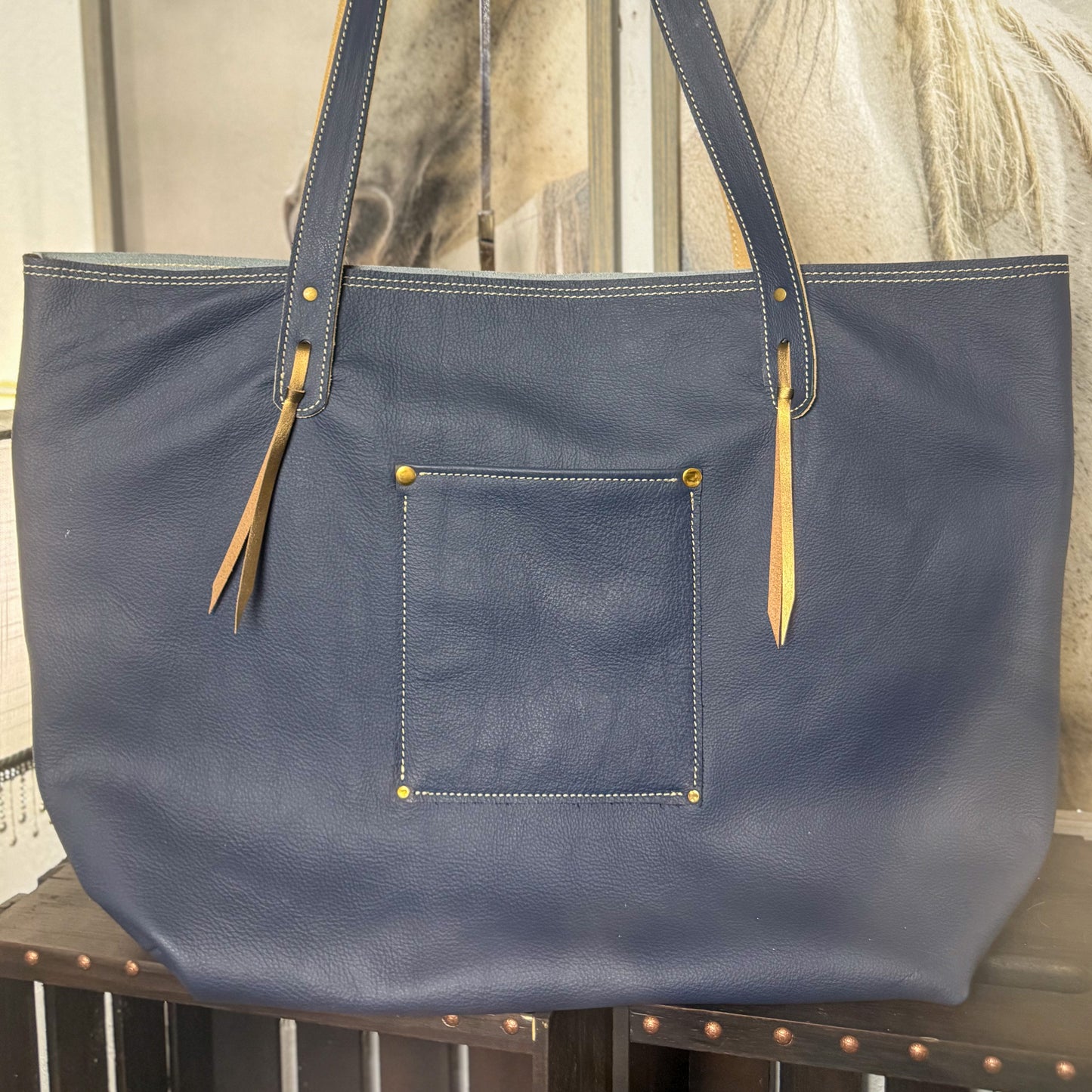Big Bertha Oversized Tote Set in Blond Hair on Hide/Wool and Navy Accents