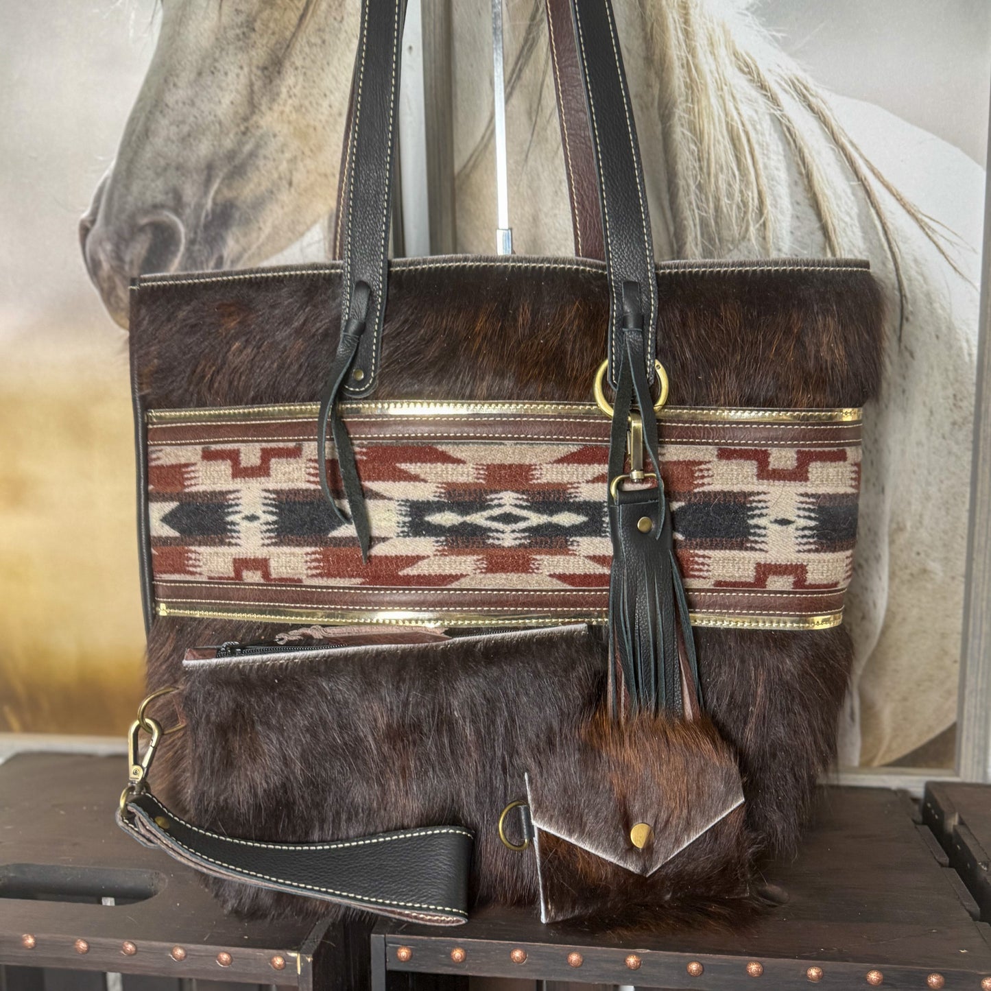 Betty Tote Set in Dark Hair on Hide on Hide and Mesilla Wool