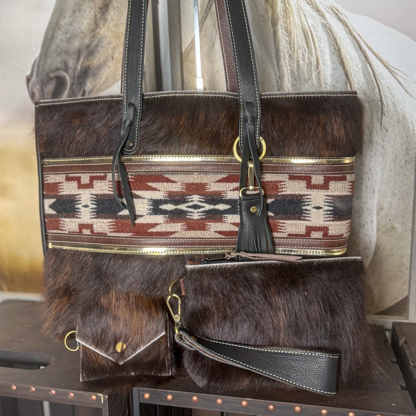 Betty Tote Set in Dark Hair on Hide on Hide and Mesilla Wool