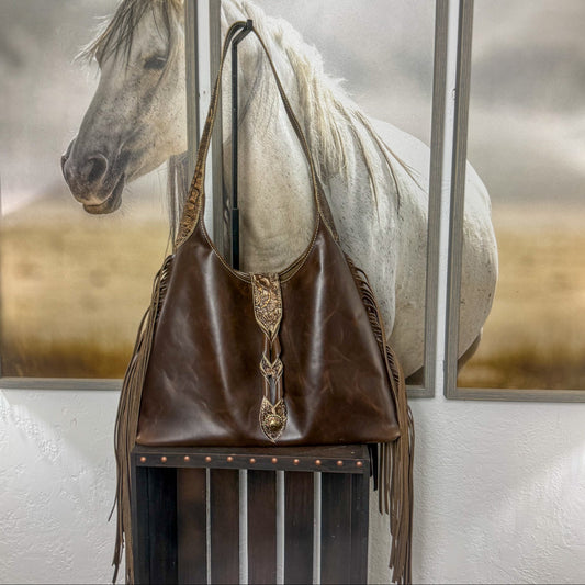 Western Leather Hobo Bag with Fringe and Embossed Details