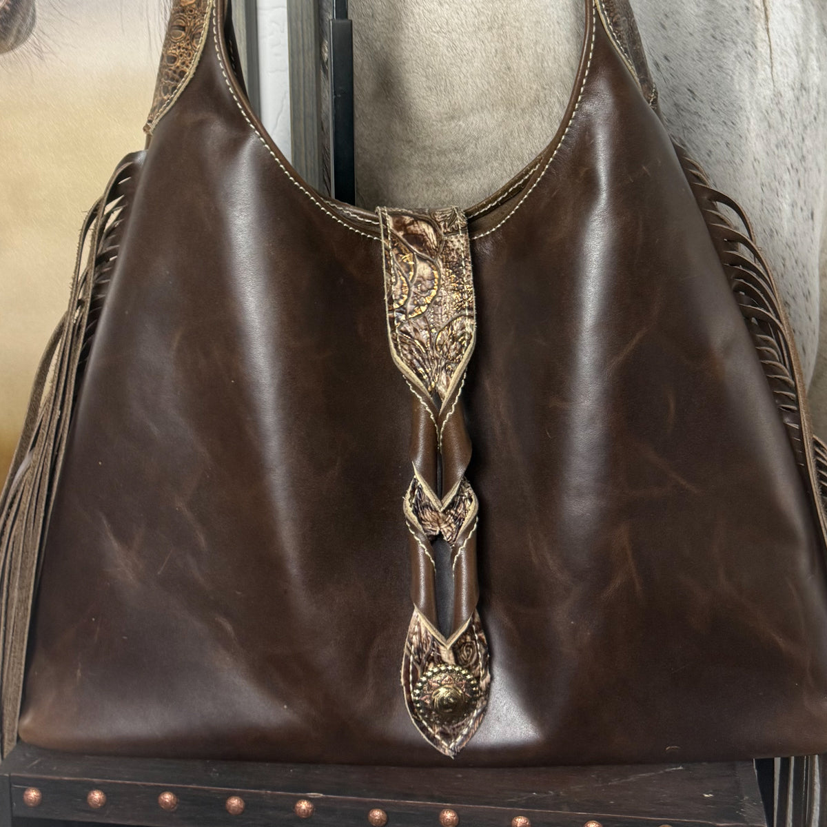 Western Leather Hobo Bag with Fringe and Embossed Details