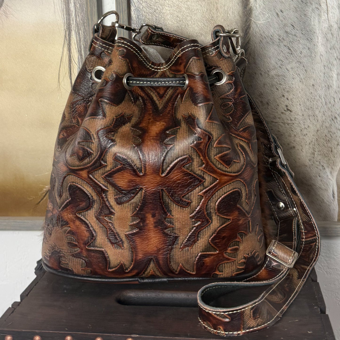 Cheetah Print HOH and Venetian Embossed Bucket Bag