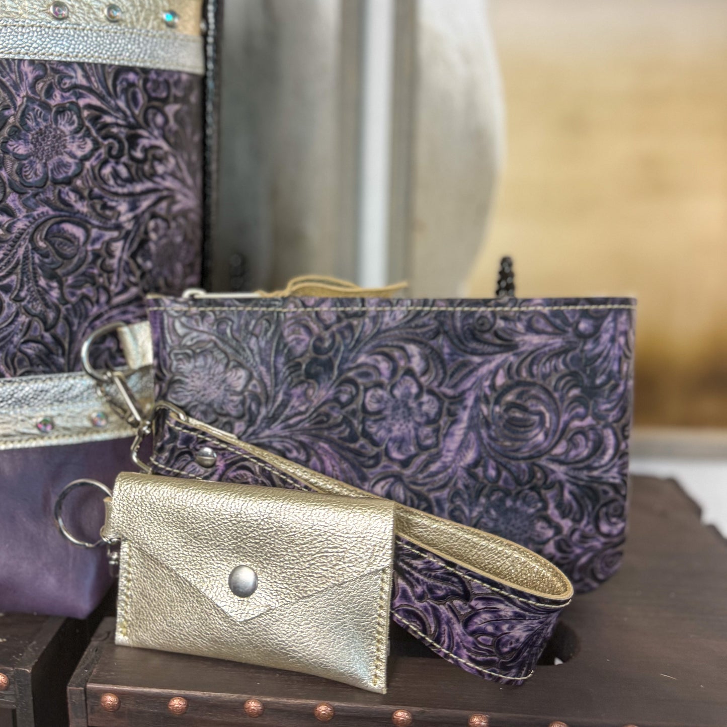 Big Bertha Tote Set in Purple Foral and Embossed with Black