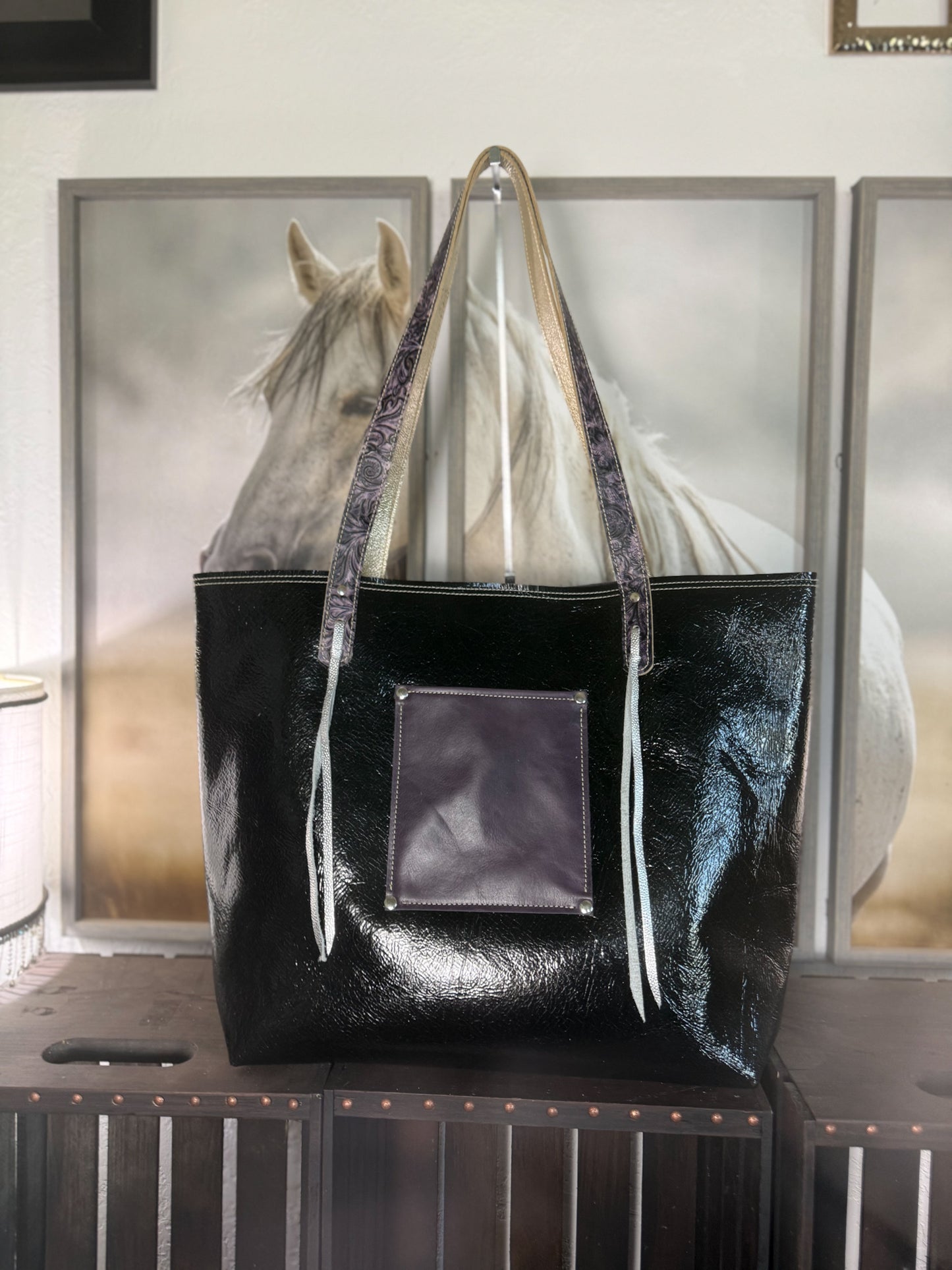 Big Bertha Tote Set in Purple Foral and Embossed with Black