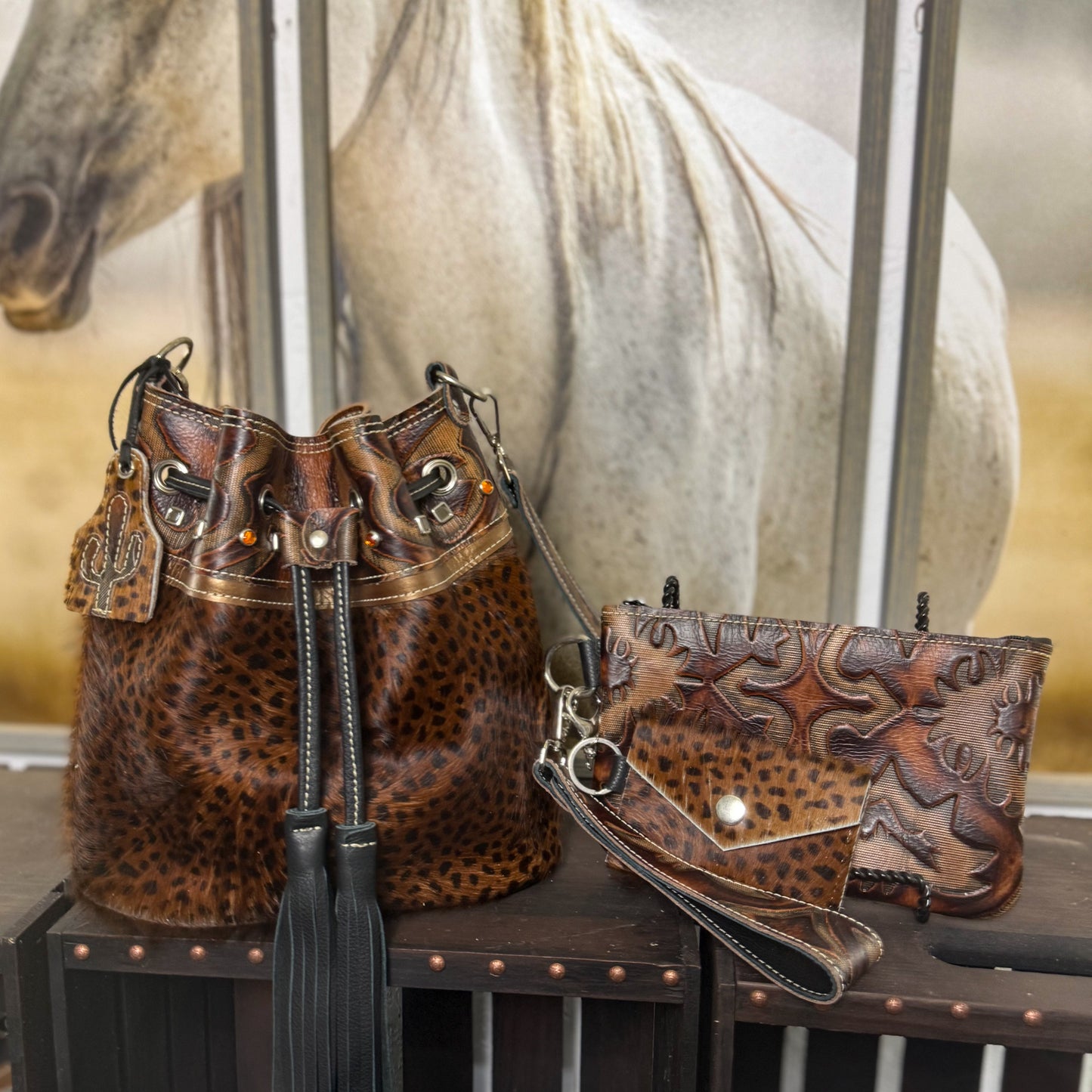 Cheetah Print HOH and Venetian Embossed Bucket Bag