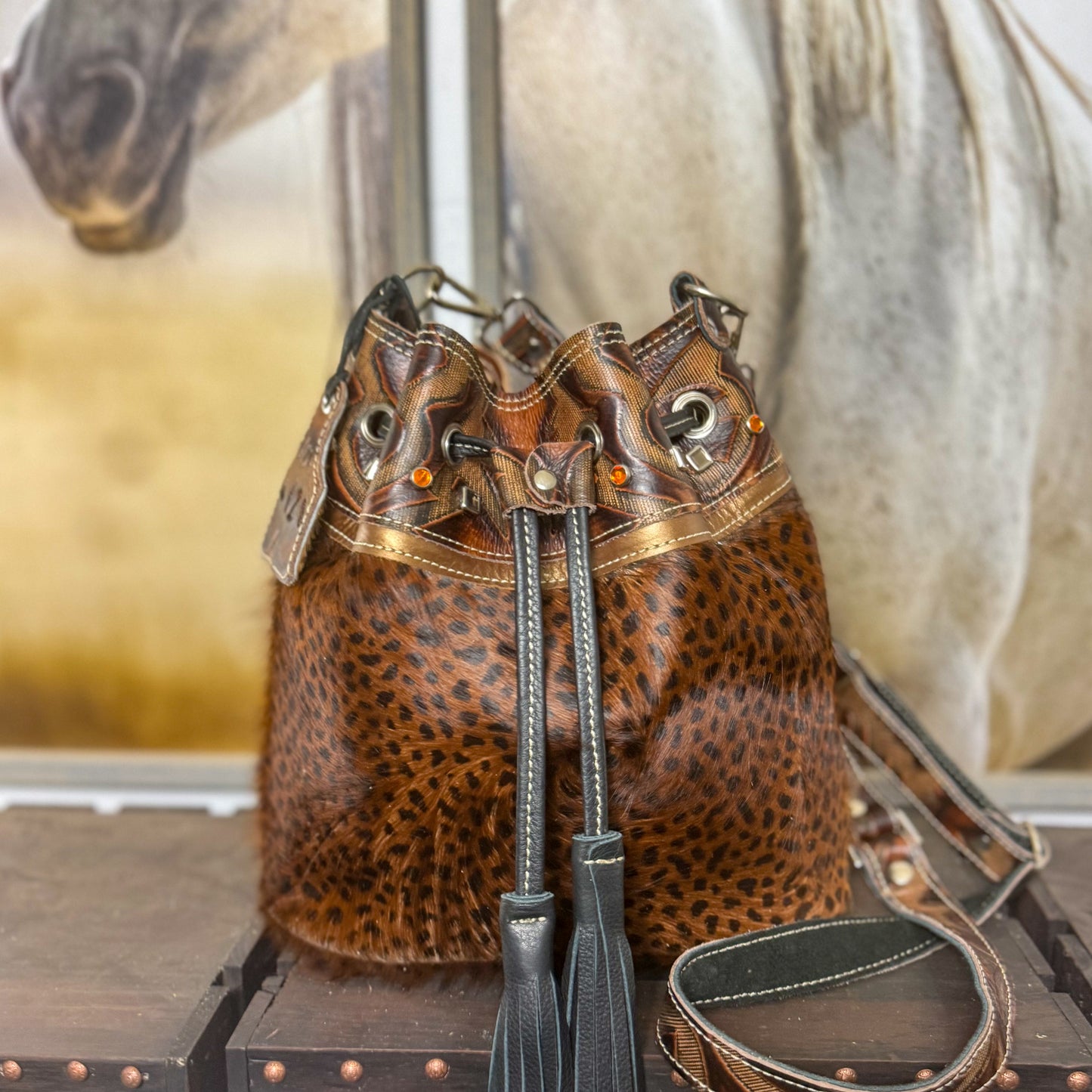 Cheetah Print HOH and Venetian Embossed Bucket Bag