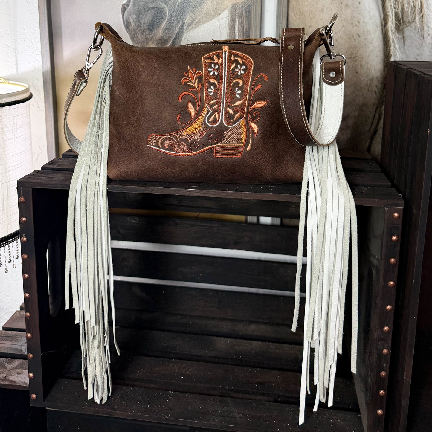 Embroidered Boot Sage with Fringe