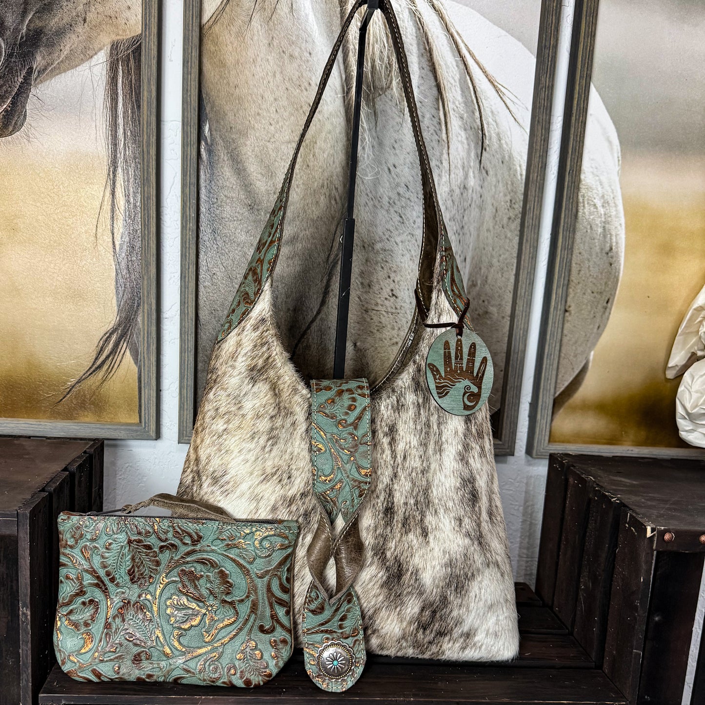 Hair on Hide Hobo with Turquoise Embossed Accent