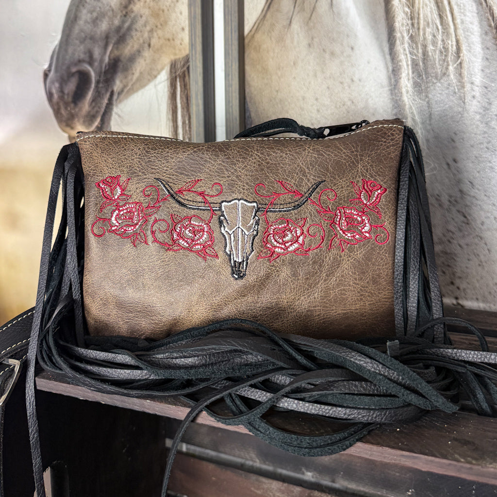 Longhorn Skull with Roses Cross Body/Wristlet Fringe Bag
