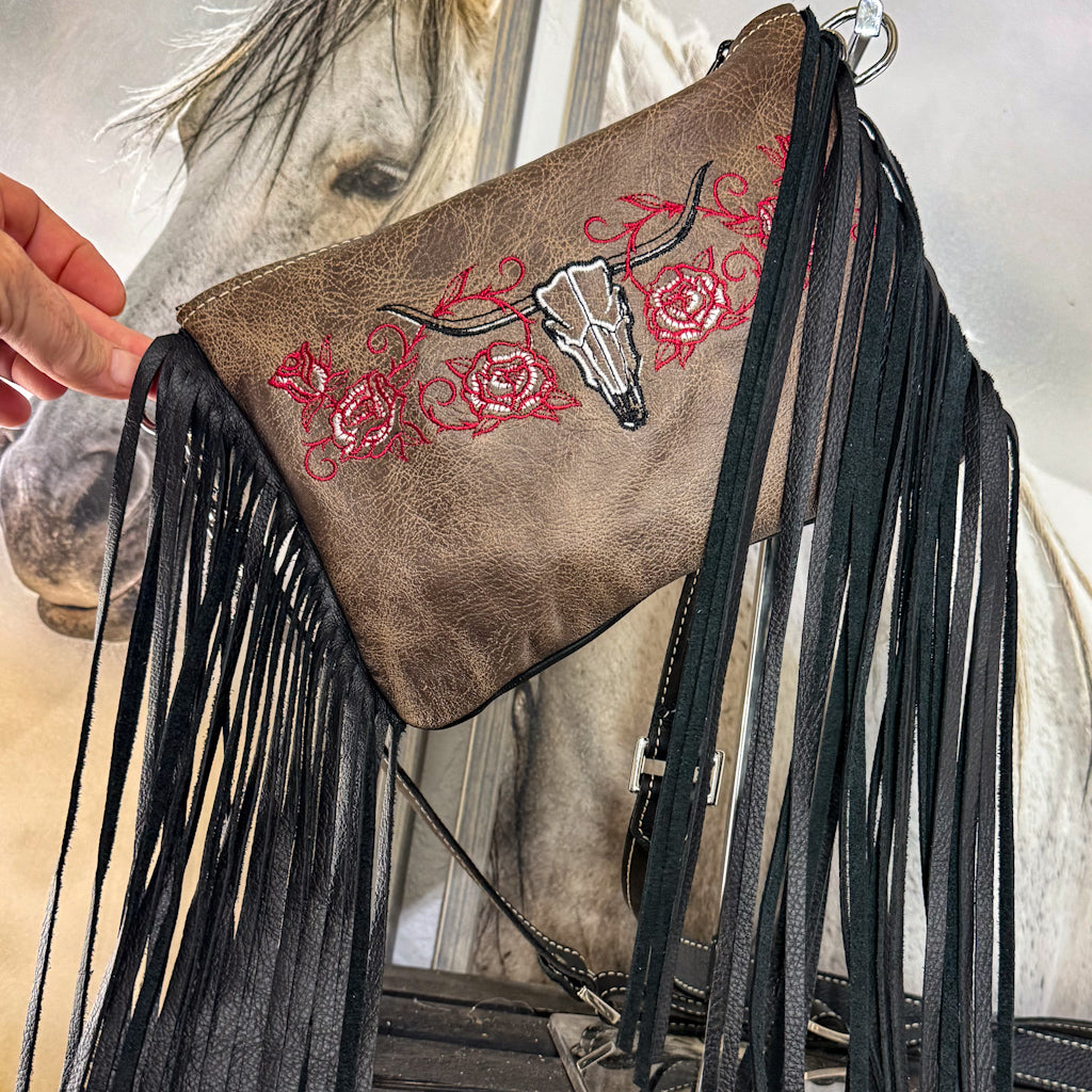 Longhorn Skull with Roses Cross Body/Wristlet Fringe Bag