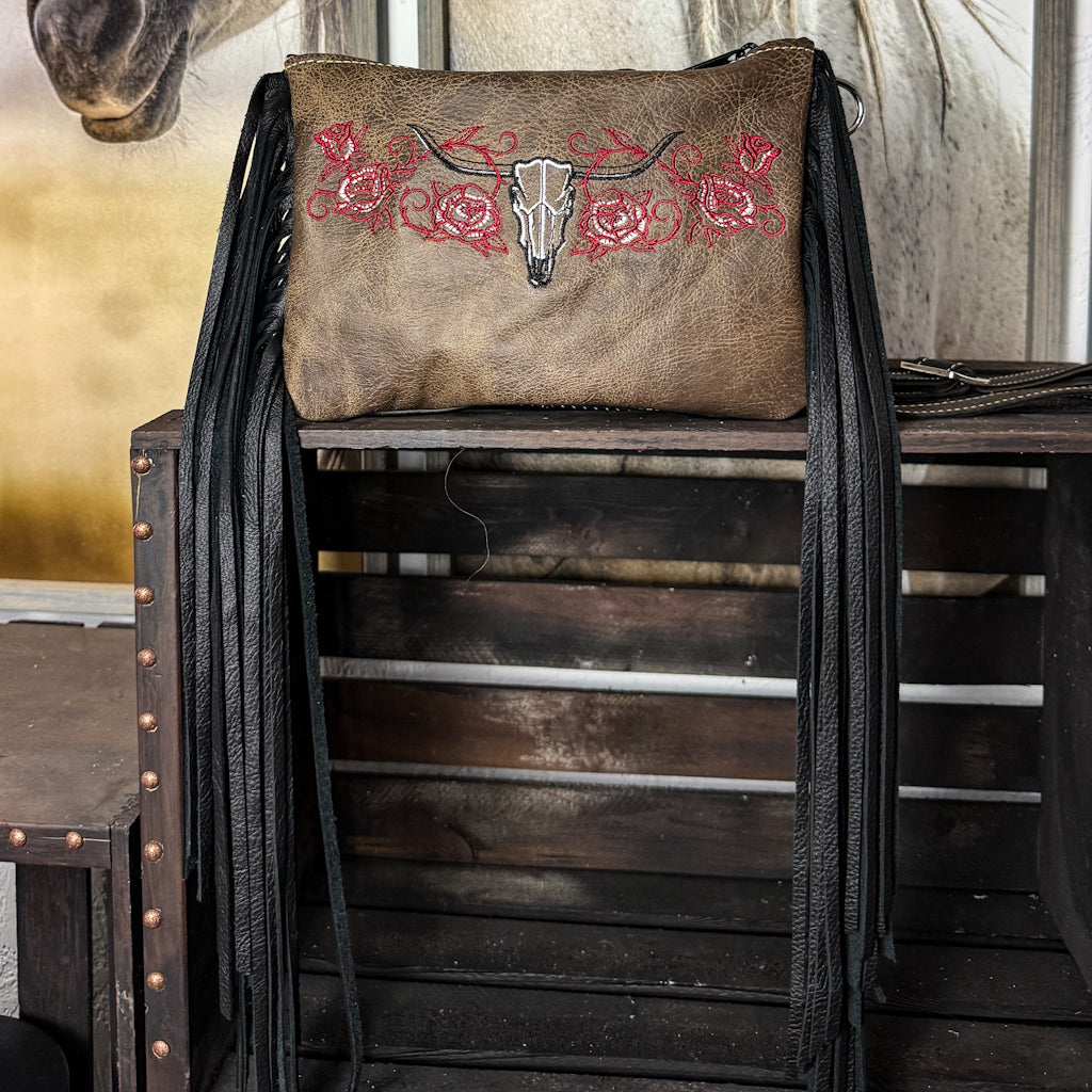 Longhorn Skull with Roses Cross Body/Wristlet Fringe Bag