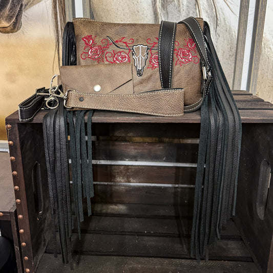 Longhorn Skull with Roses Cross Body/Wristlet Fringe Bag