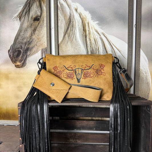 Longhorn Skull Cross Body/Wristlet Fringe Bag in Tan
