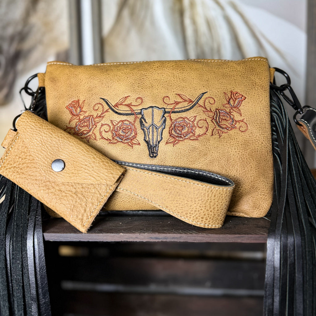 Longhorn Skull Cross Body/Wristlet Fringe Bag in Tan