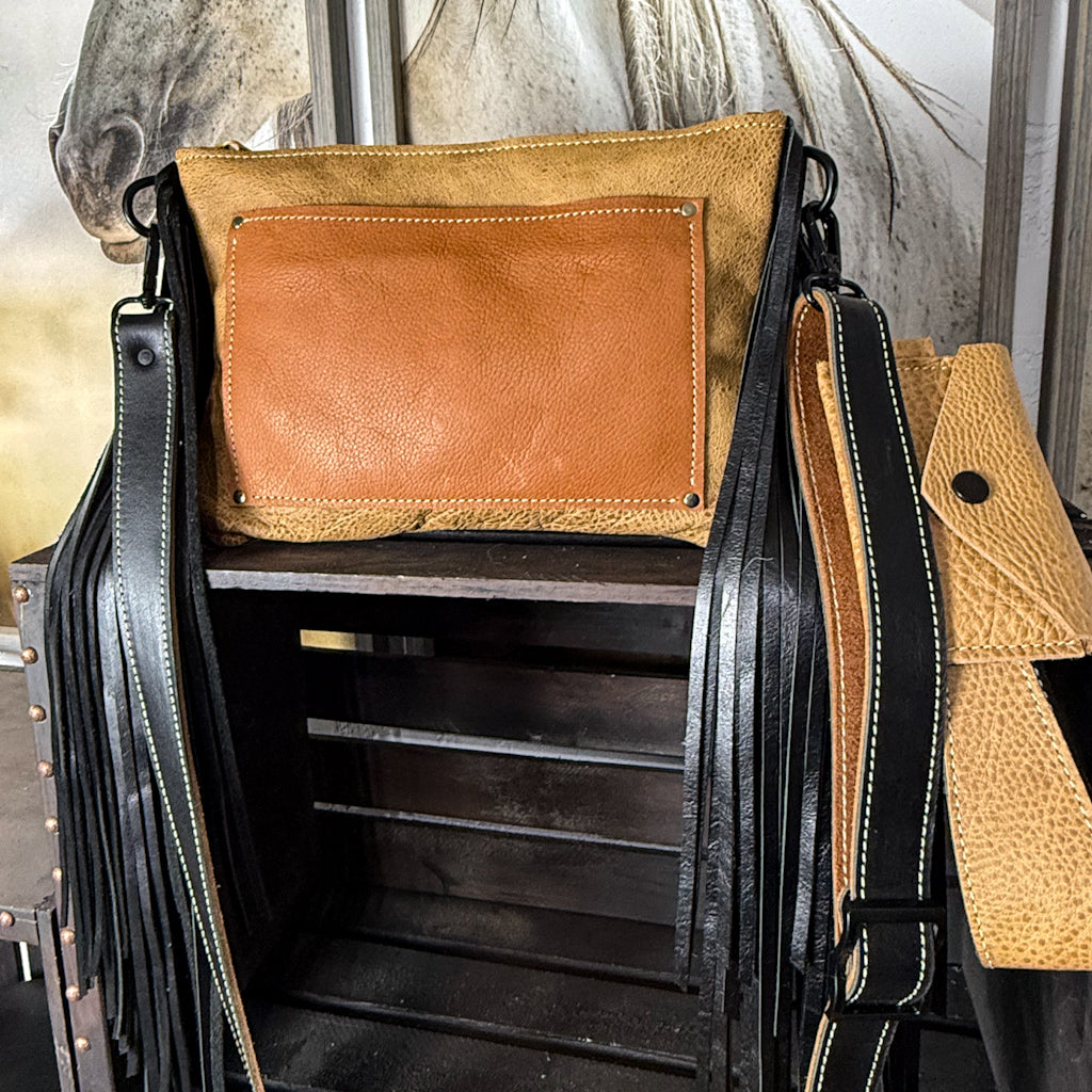 Longhorn Skull Cross Body/Wristlet Fringe Bag in Tan